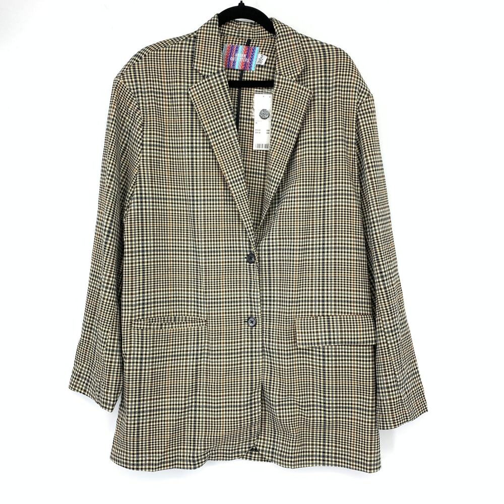 Urban Outfitters Two Button Long Line Blazer Jacket Womens Sz M Tan Black Plaid